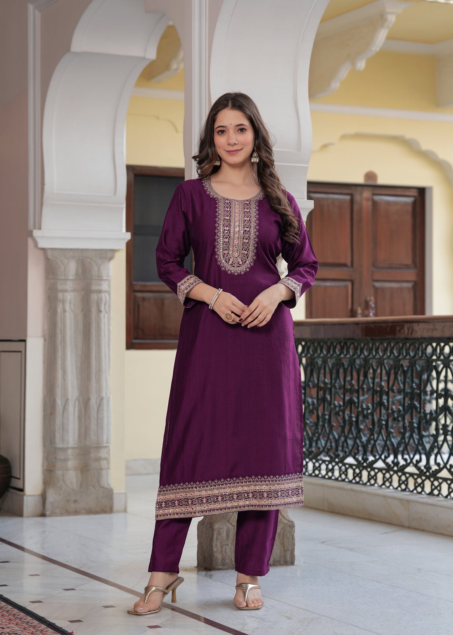 Maroon Elegance: Embroidered Kurta Set with Chanderi Dupatta