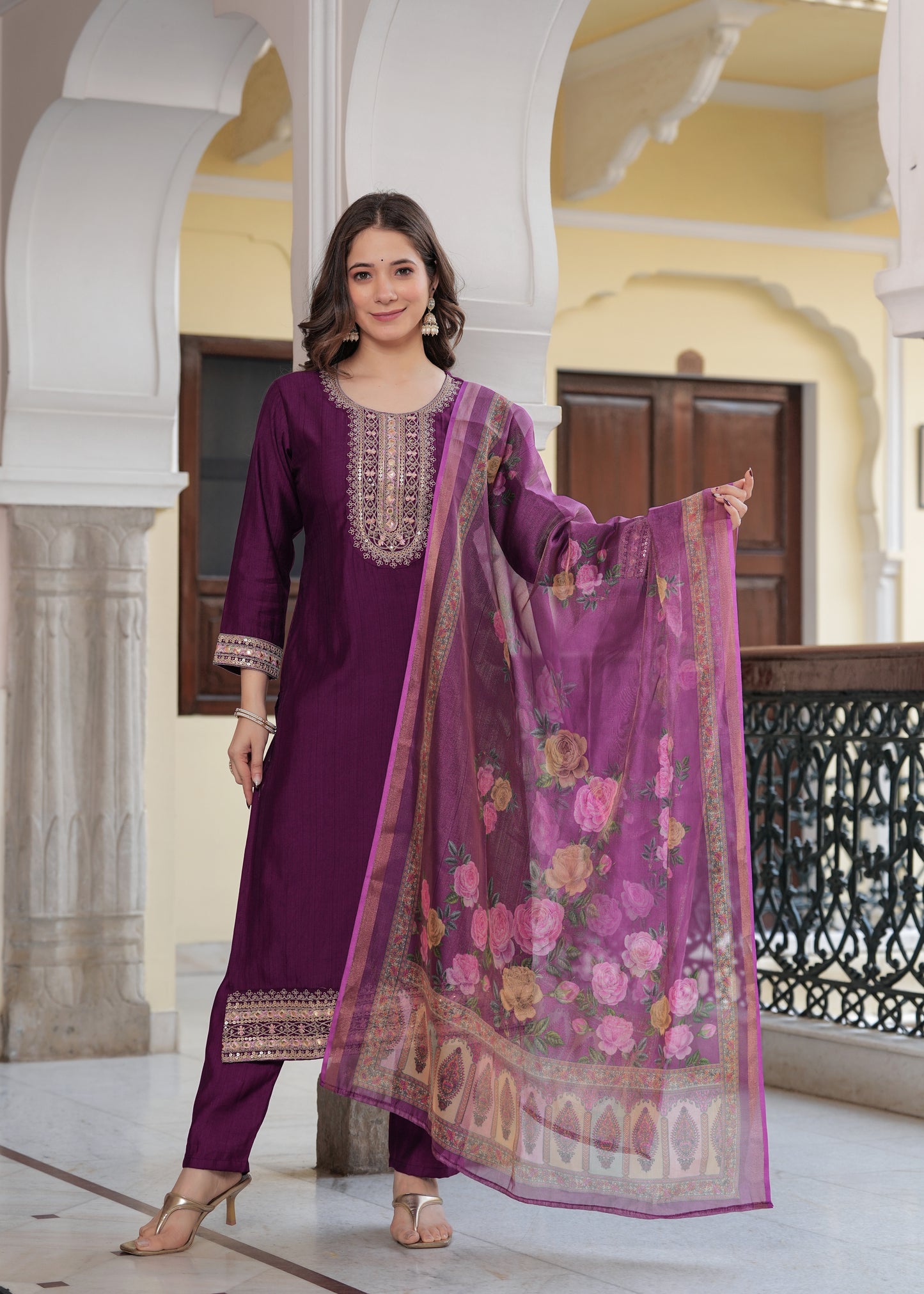 Maroon Elegance: Embroidered Kurta Set with Chanderi Dupatta