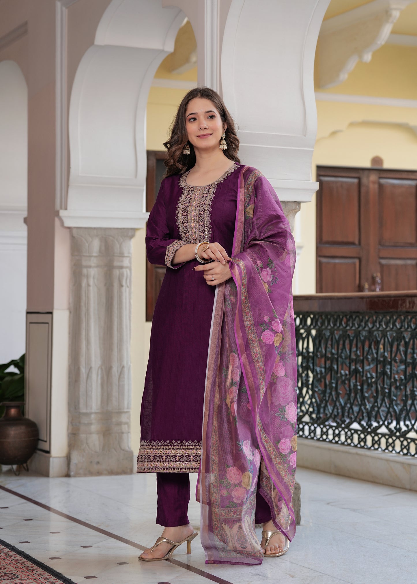 Maroon Elegance: Embroidered Kurta Set with Chanderi Dupatta