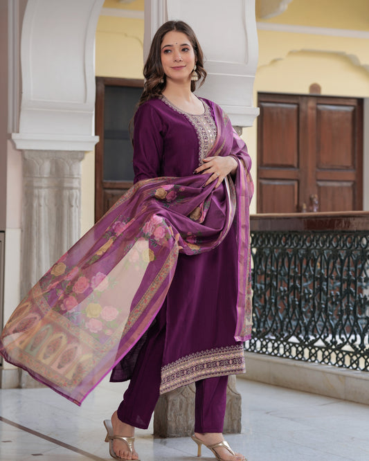 Maroon Elegance: Embroidered Kurta Set with Chanderi Dupatta