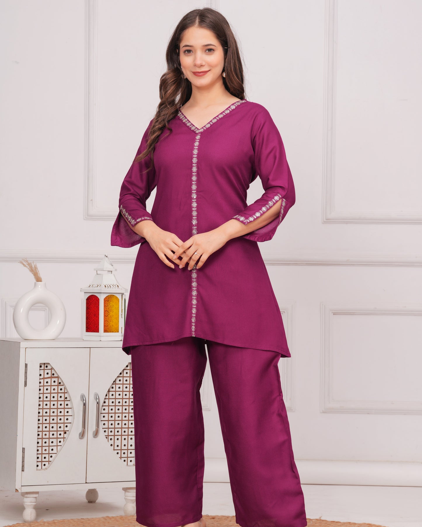 Maroon Majesty: Embroidered Rayon Co-ord Set