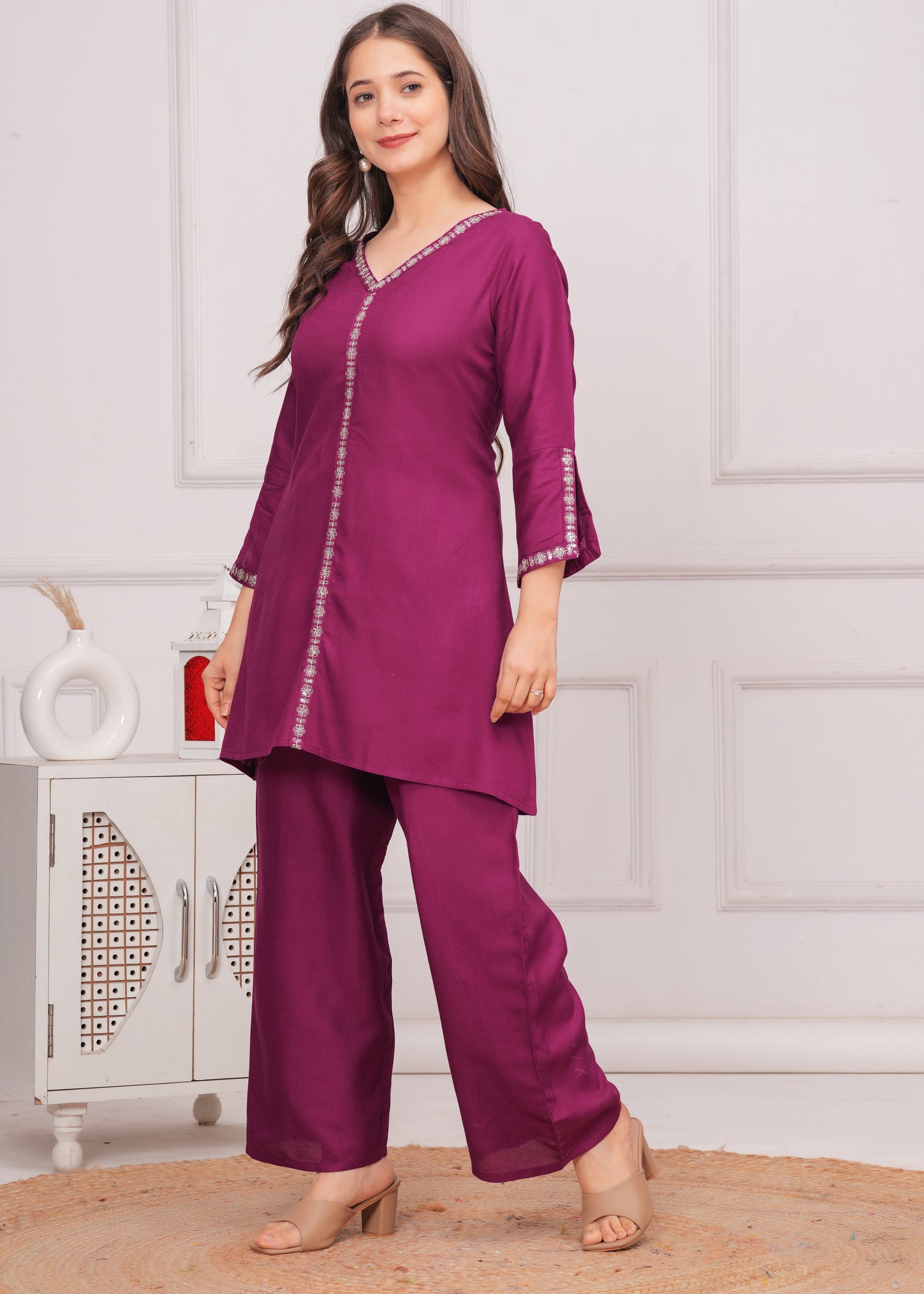 Maroon Majesty: Embroidered Rayon Co-ord Set