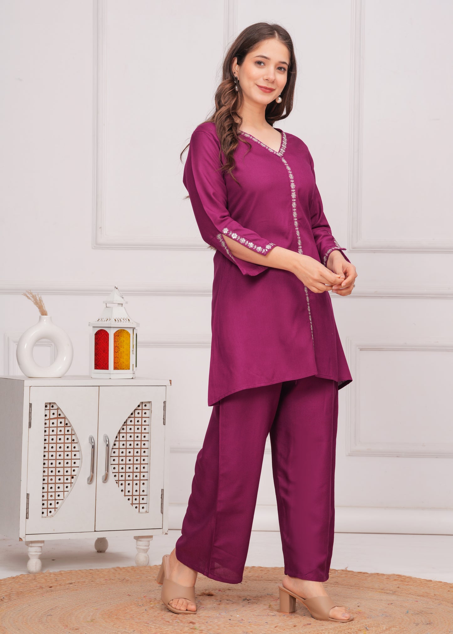 Maroon Majesty: Embroidered Rayon Co-ord Set