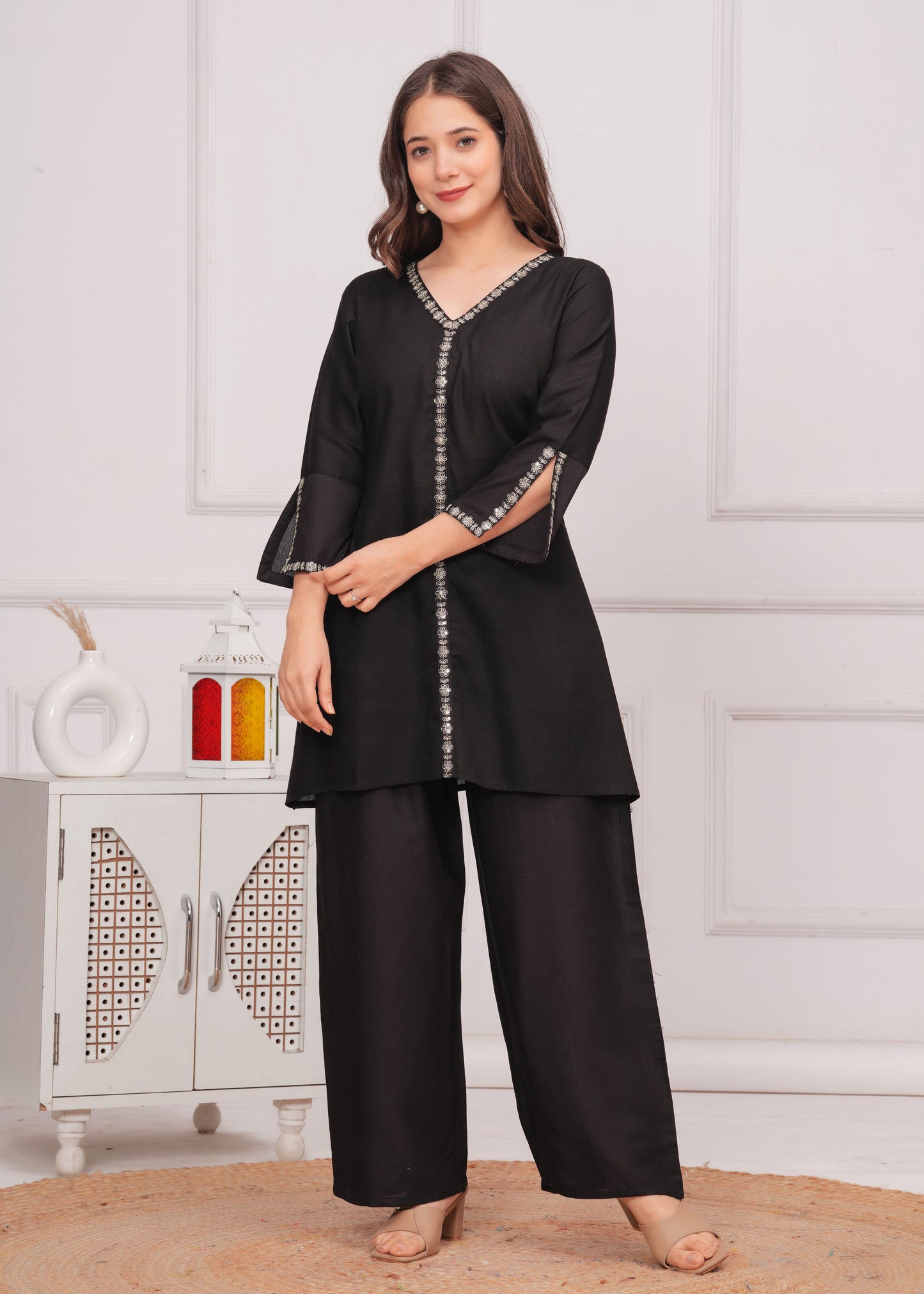 Black Royalty: Embroidered Rayon Co-ord Set