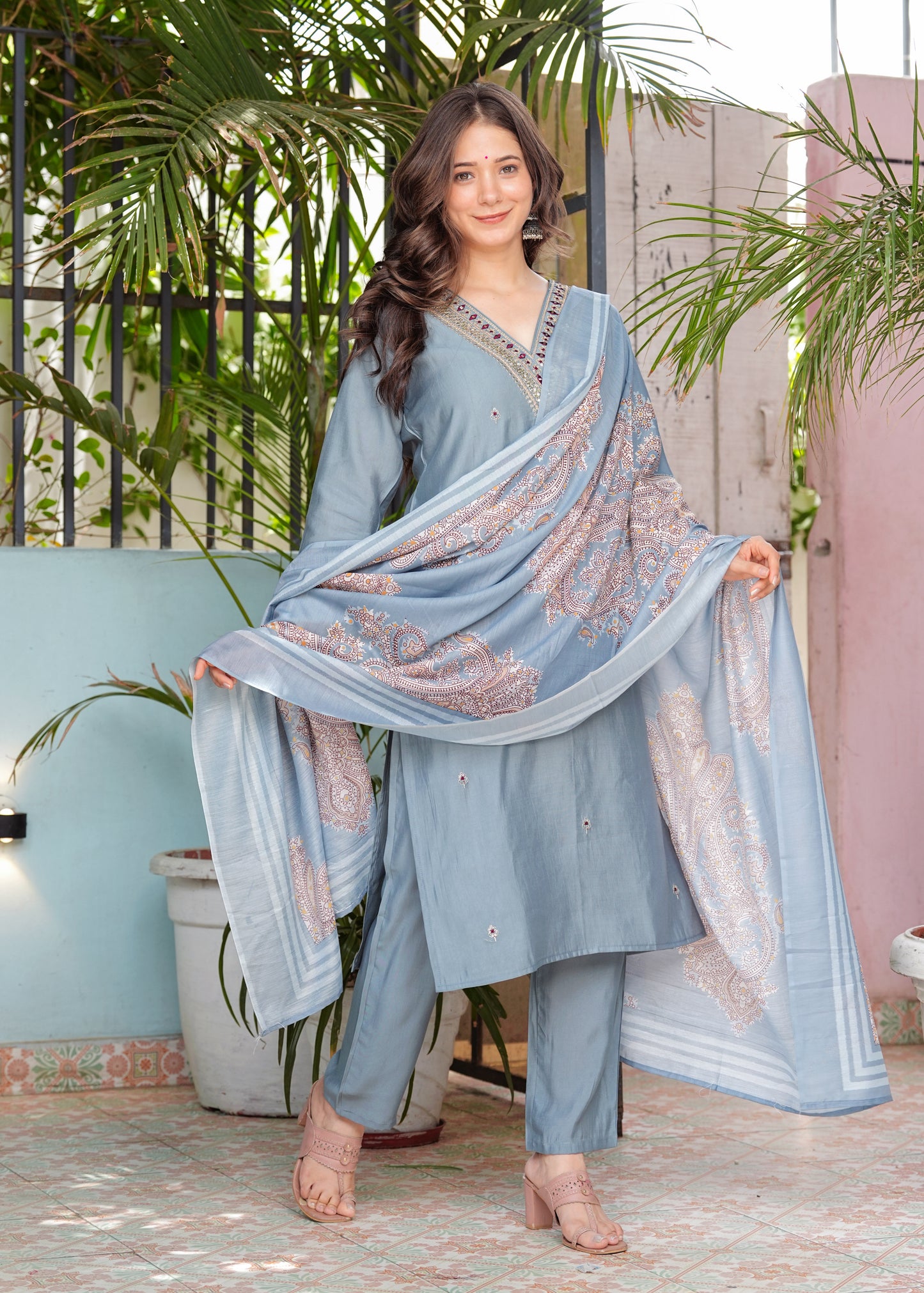 Radiance: Embroidered Modal Silk Kurta Set with Dupatta