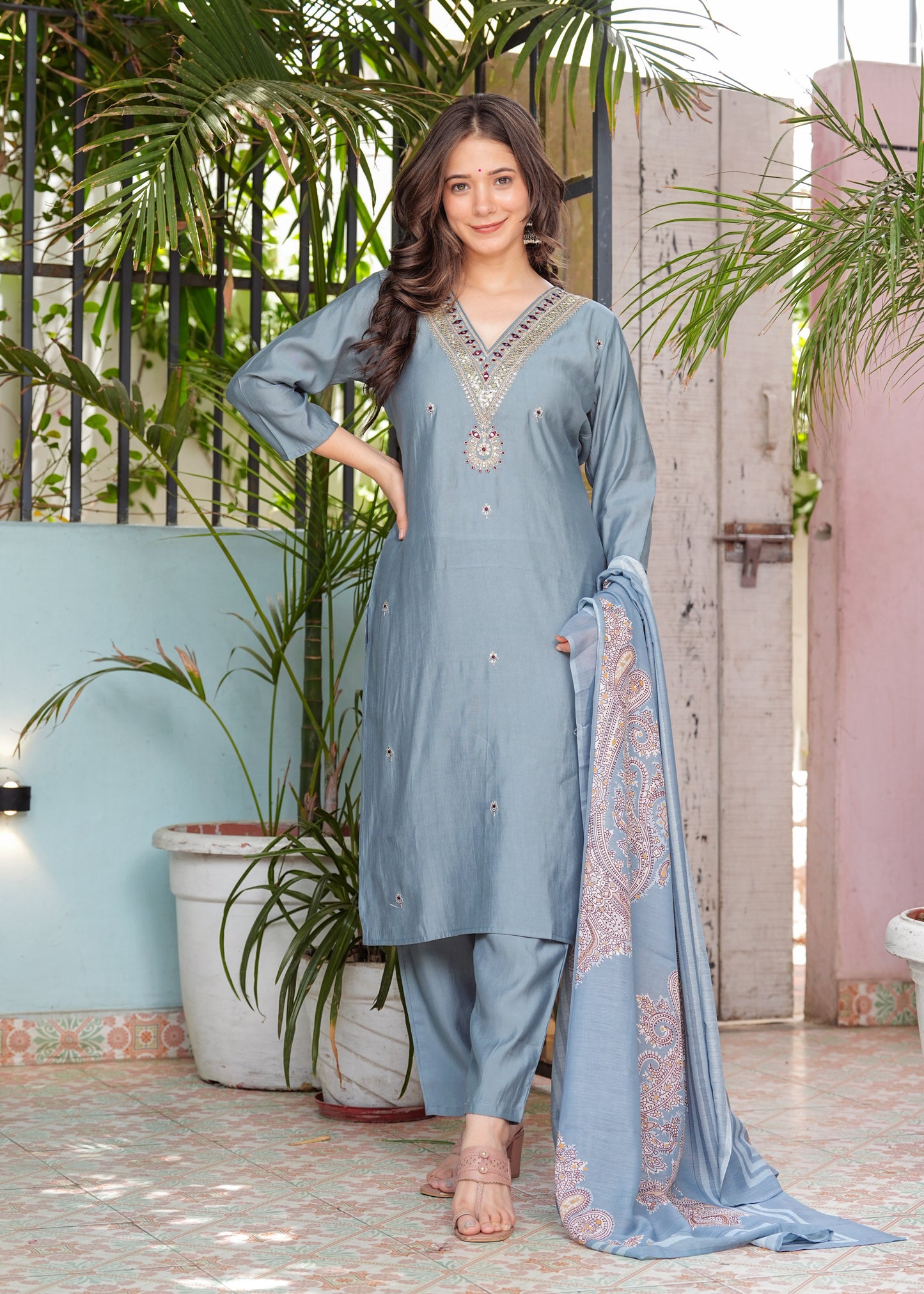 Radiance: Embroidered Modal Silk Kurta Set with Dupatta