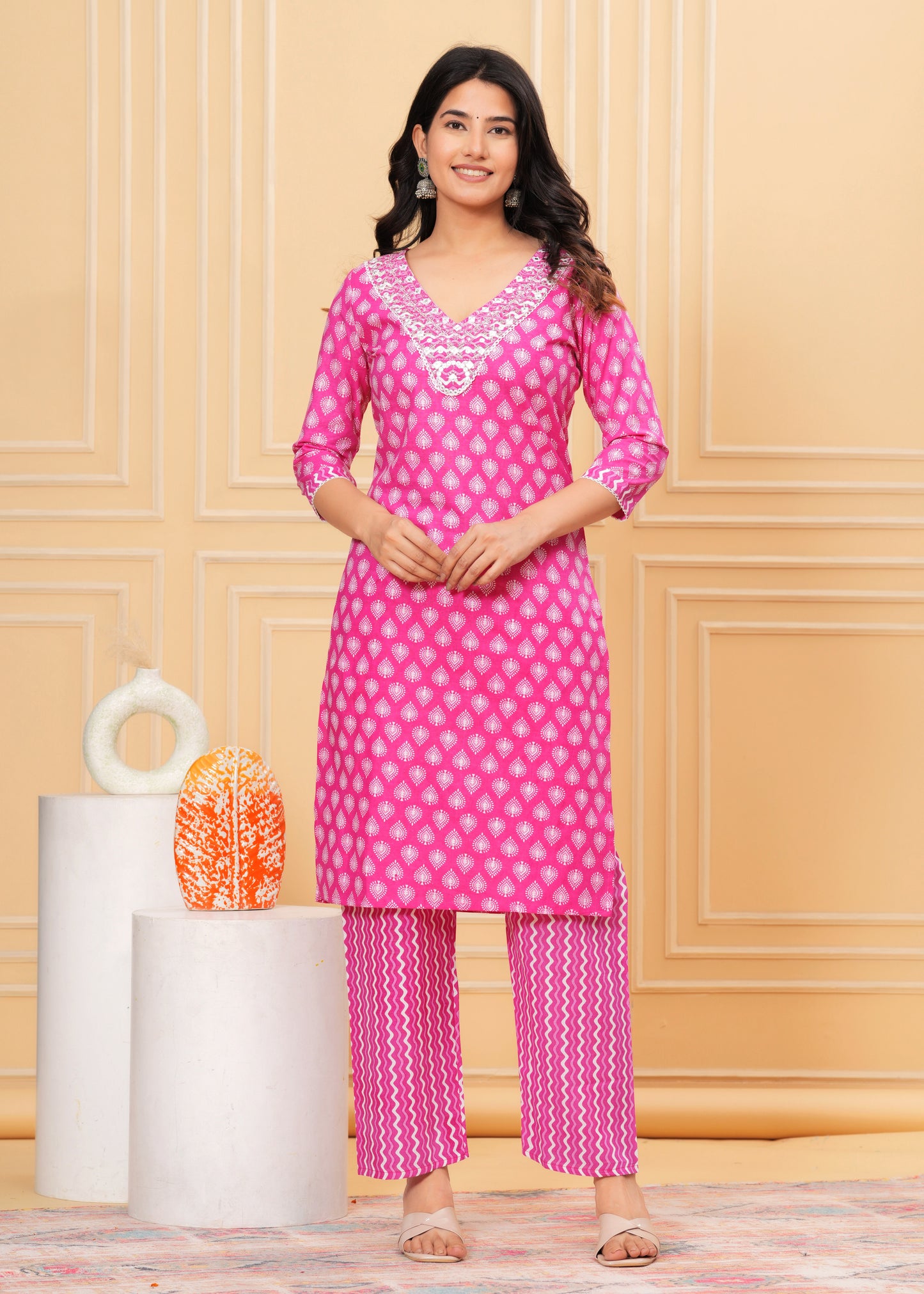 Pink Charm: Sequin Embroidered Cotton Kurta Set