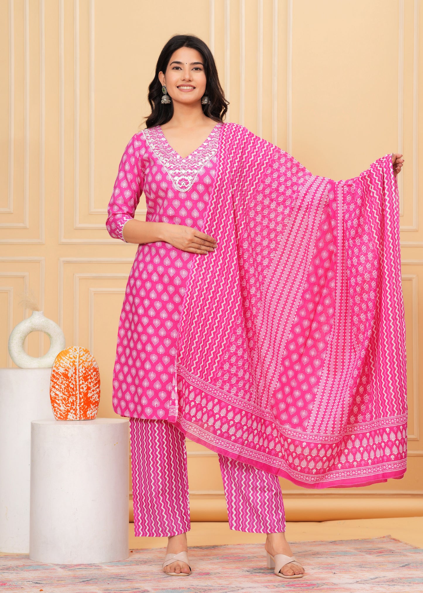 Pink Charm: Sequin Embroidered Cotton Kurta Set