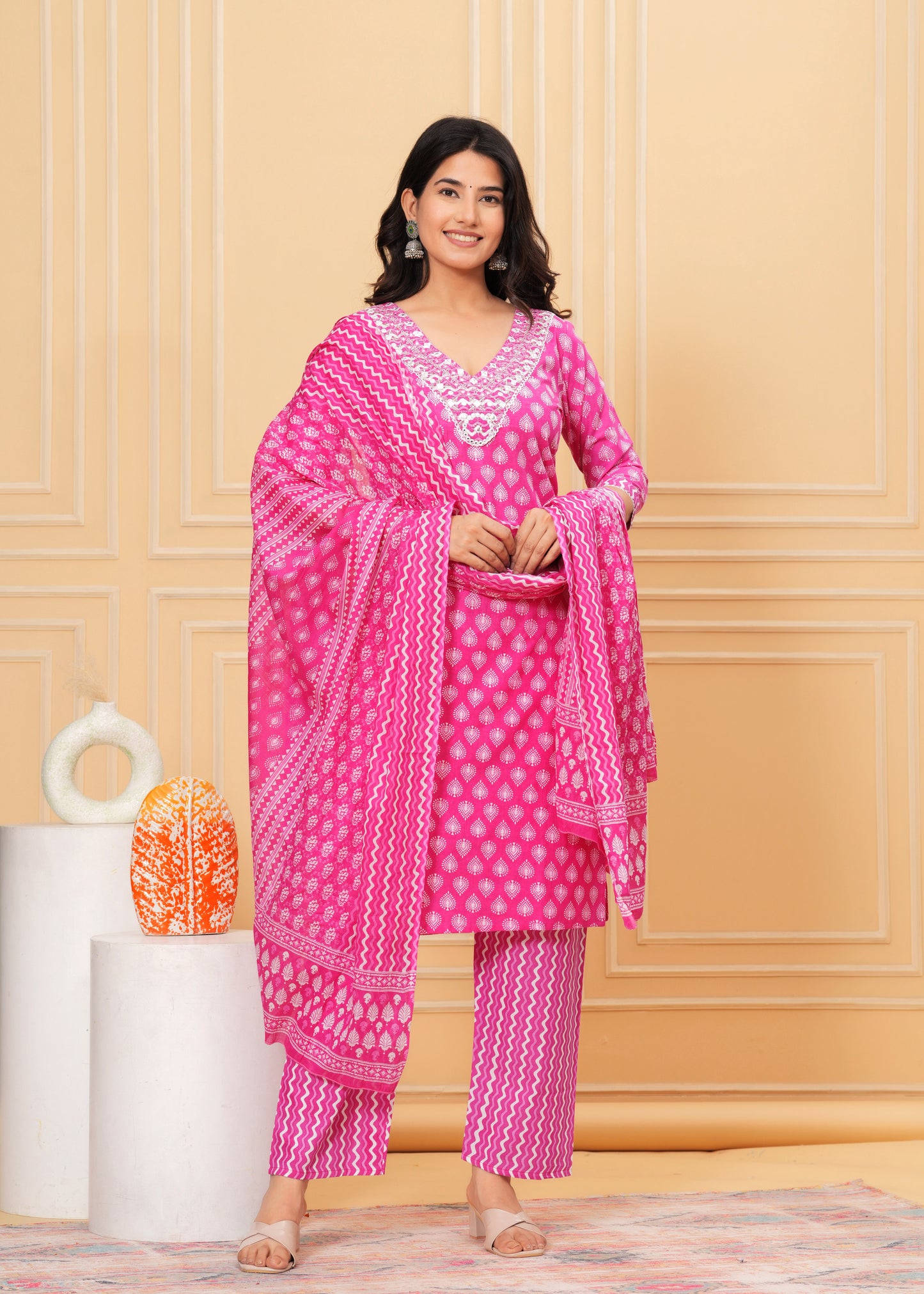 Pink Charm: Sequin Embroidered Cotton Kurta Set