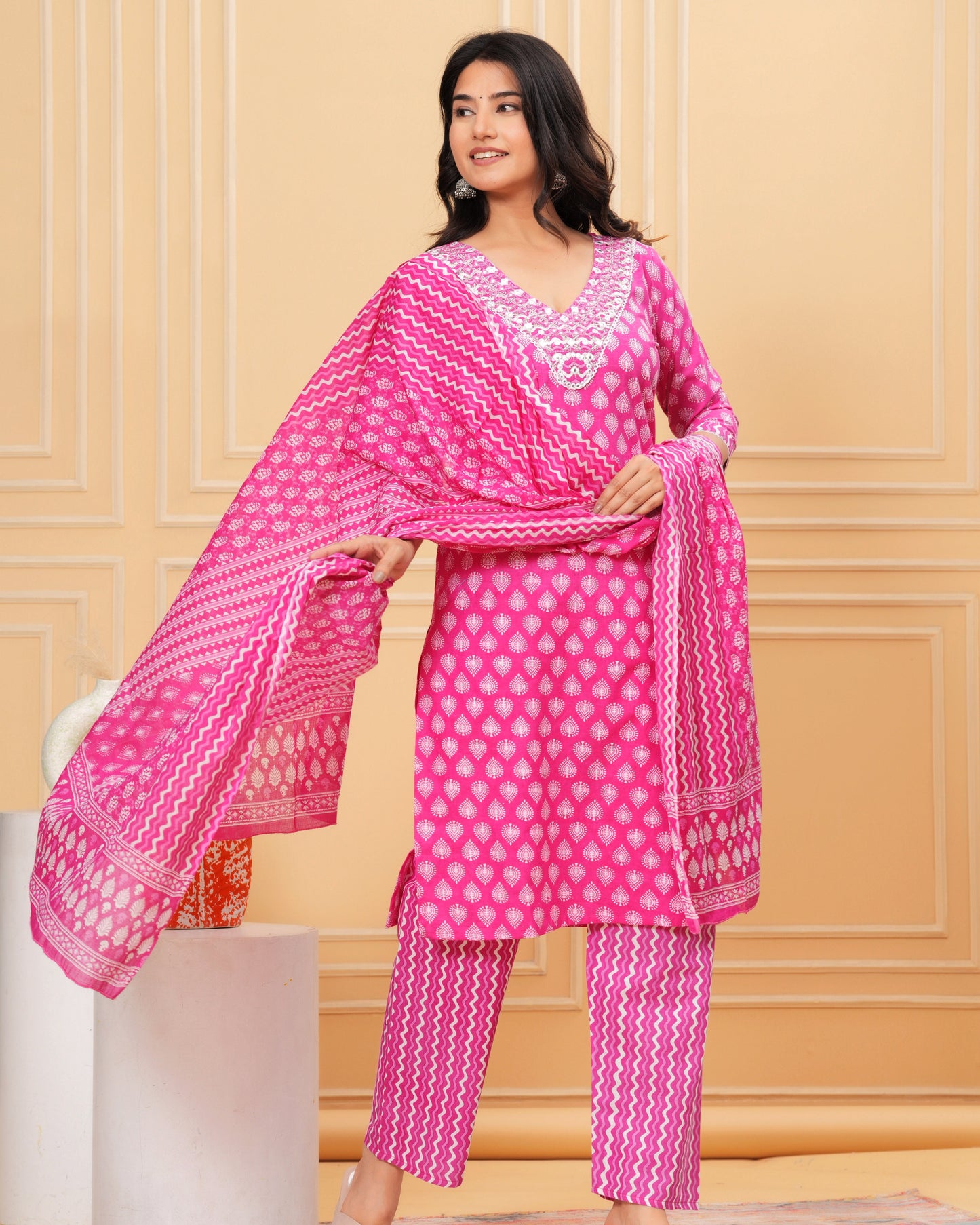 Pink Charm: Sequin Embroidered Cotton Kurta Set