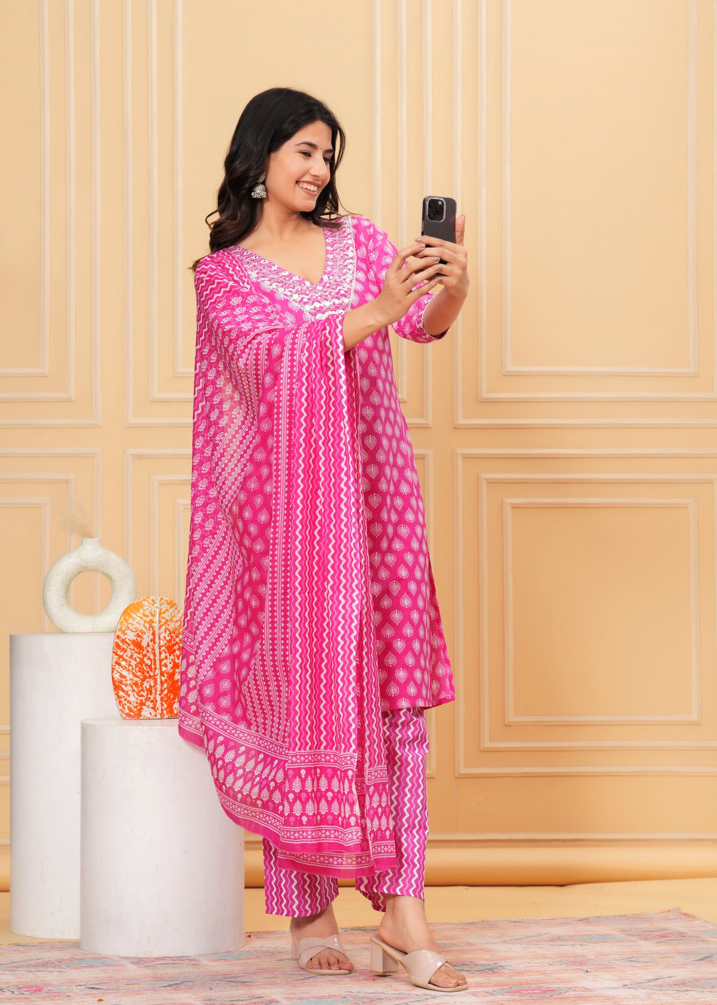 Pink Charm: Sequin Embroidered Cotton Kurta Set