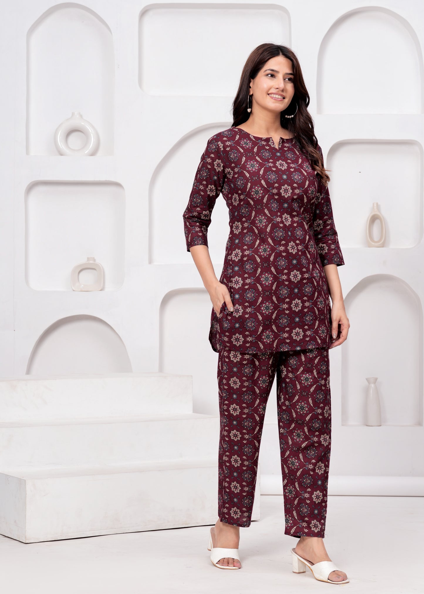 Maroon Chic Abstract Print Rayon Co-ord Set