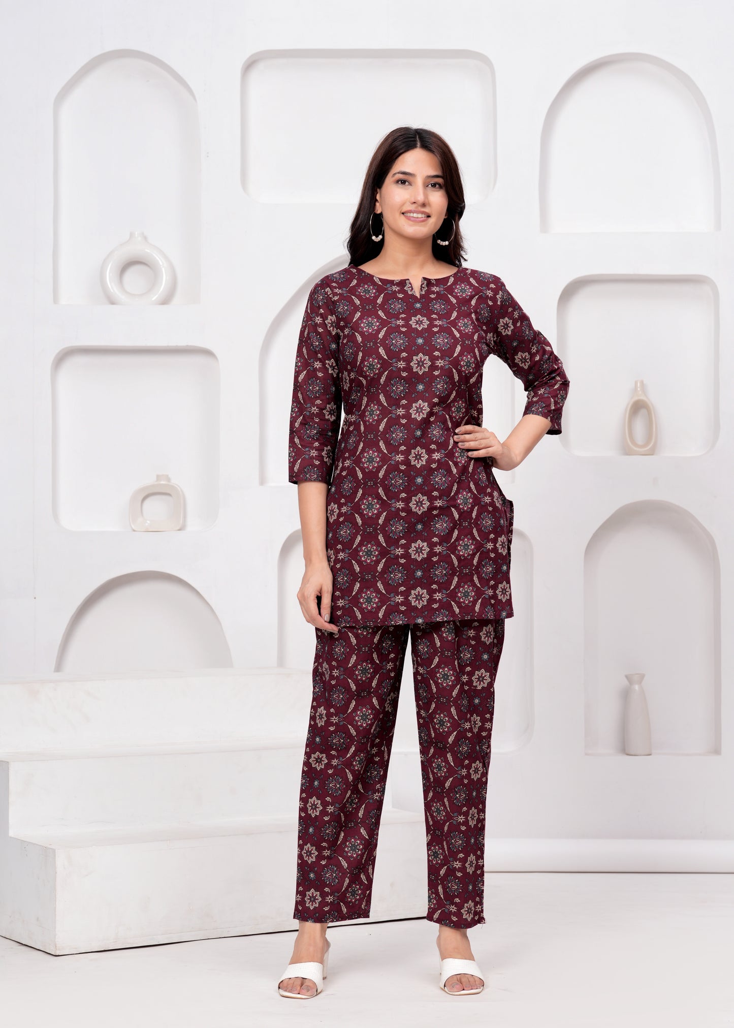 Maroon Chic Abstract Print Rayon Co-ord Set