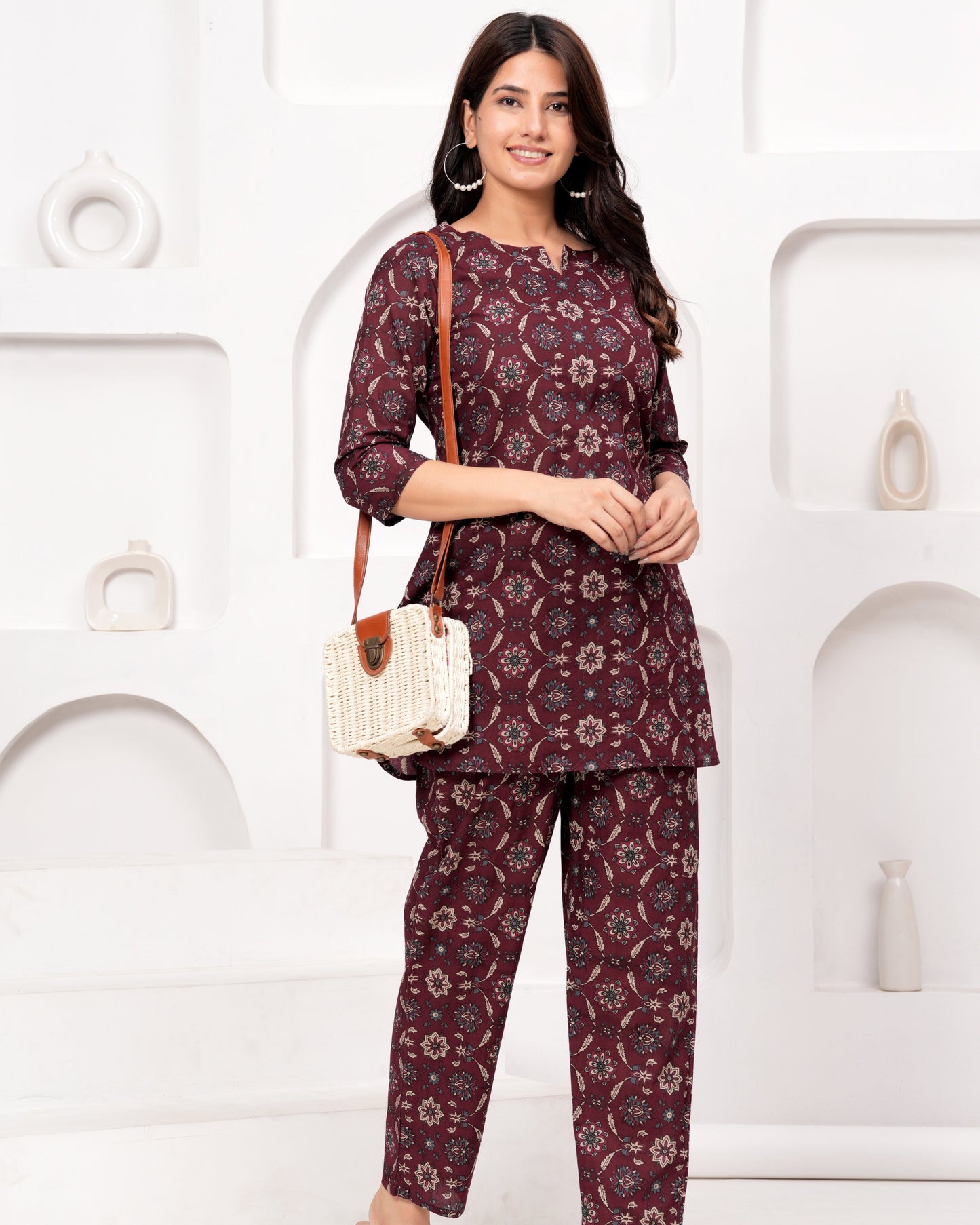 Maroon Chic Abstract Print Rayon Co-ord Set