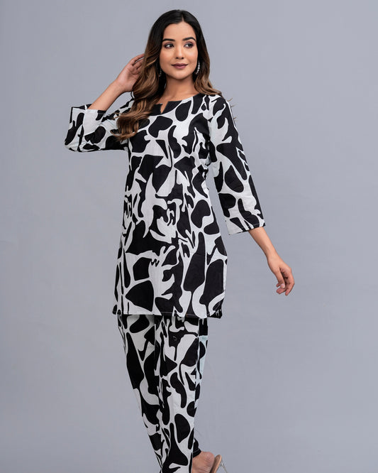 Black Elegance: Abstract Print Rayon Co-ord Set