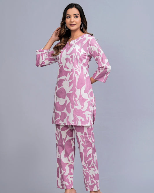 Pink Charm: Abstract Print Rayon Co-ord Set