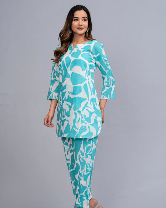 Turquoise Grace: Abstract Print Rayon Co-ord Set