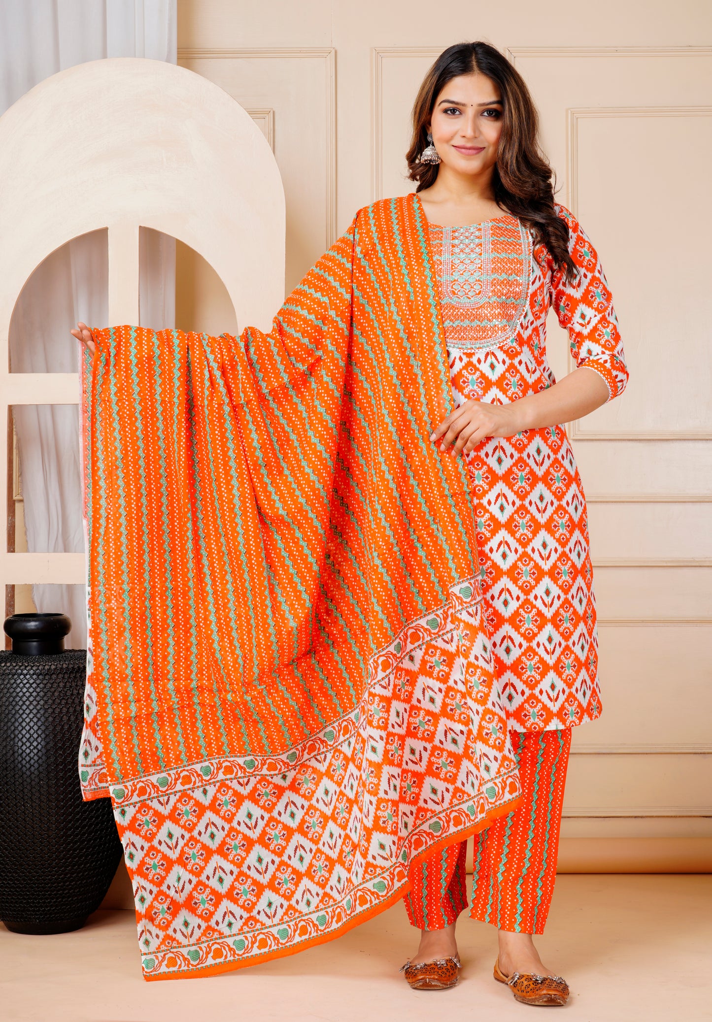 Orange Glow: Sequin Embroidered Cotton Kurta Set