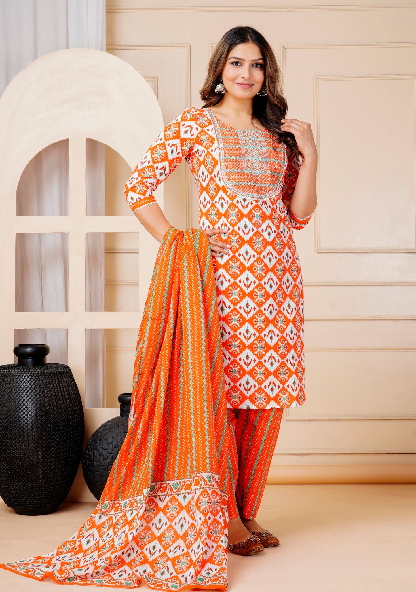 Orange Glow: Sequin Embroidered Cotton Kurta Set