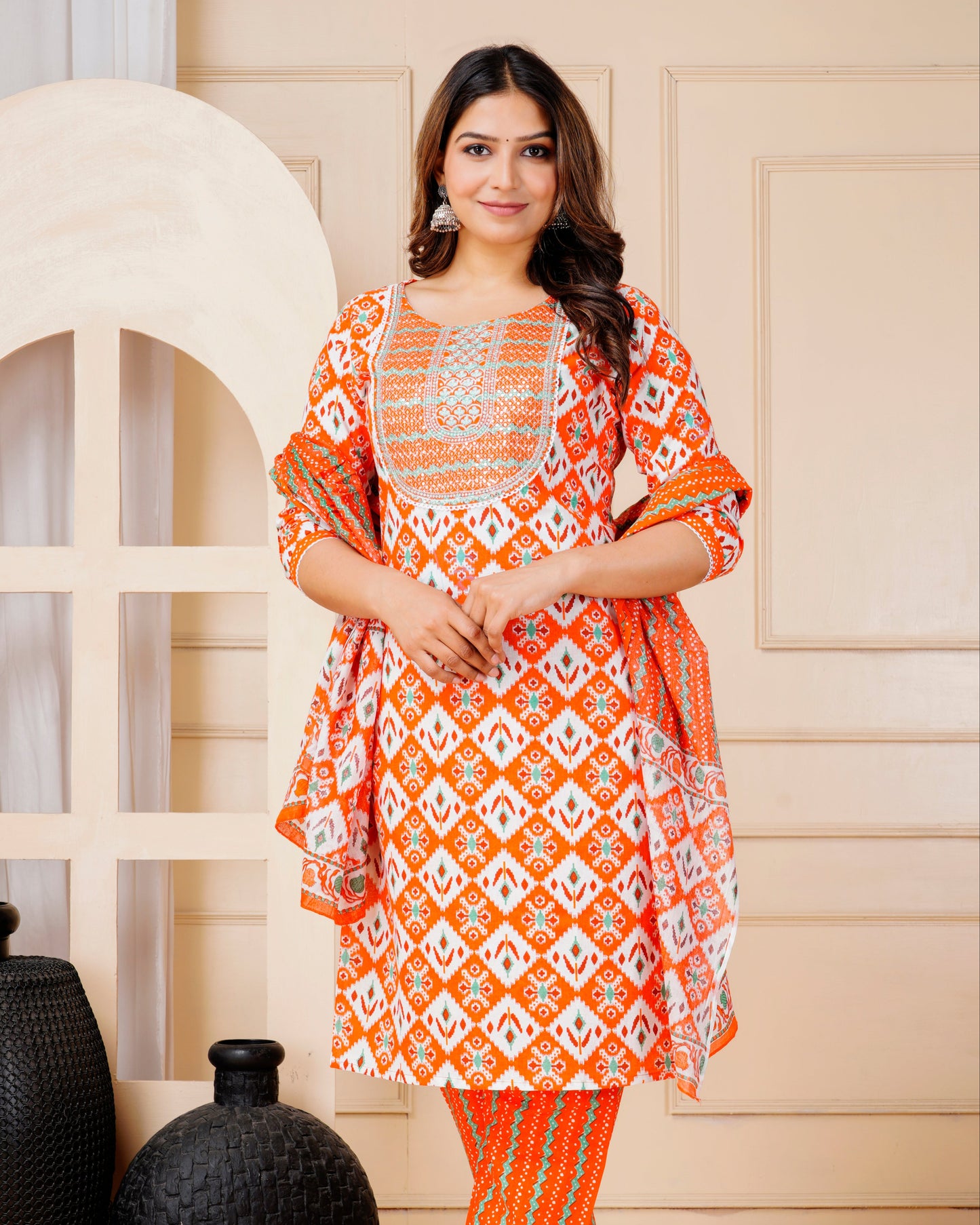 Orange Glow: Sequin Embroidered Cotton Kurta Set