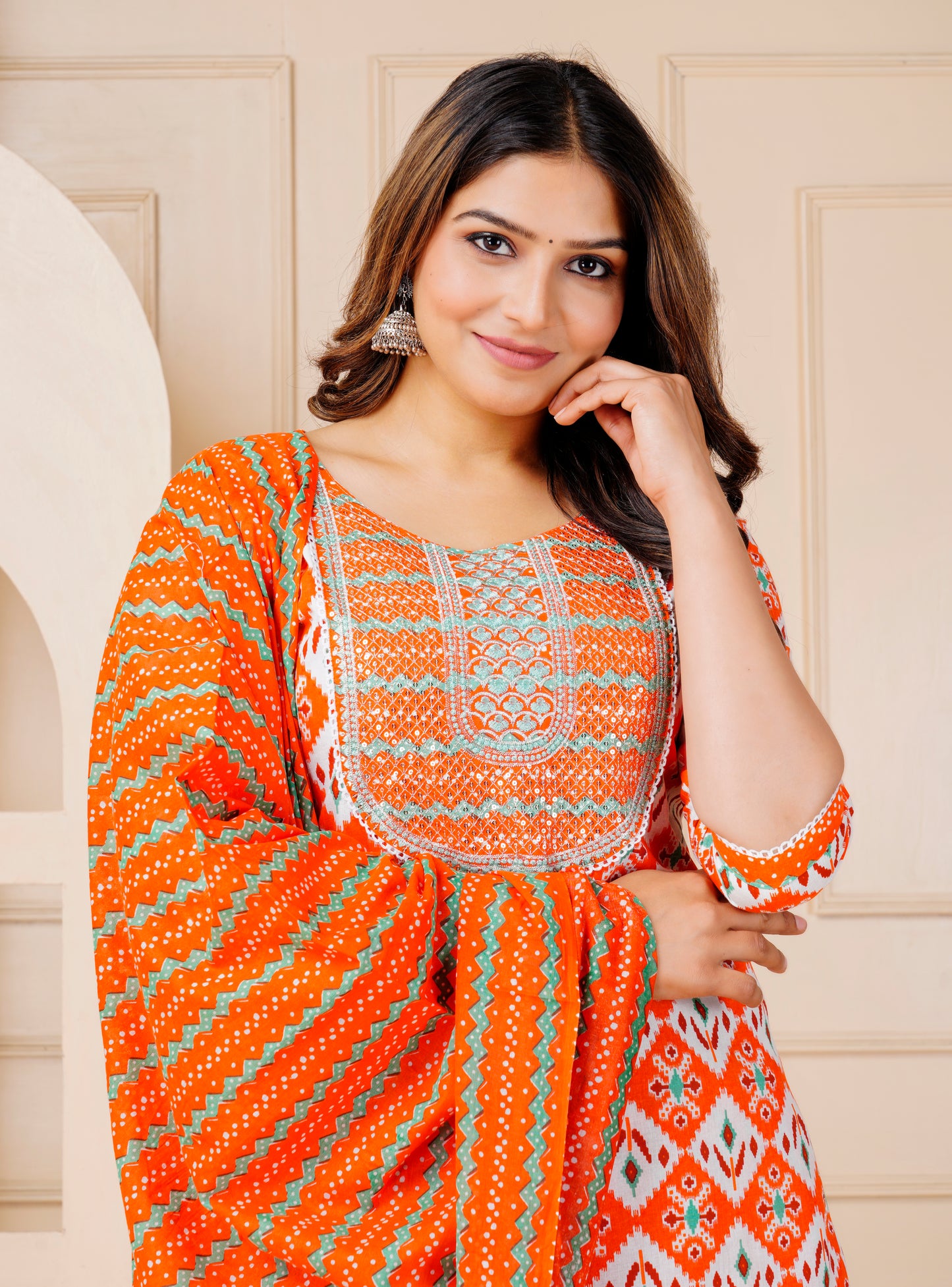 Orange Glow: Sequin Embroidered Cotton Kurta Set