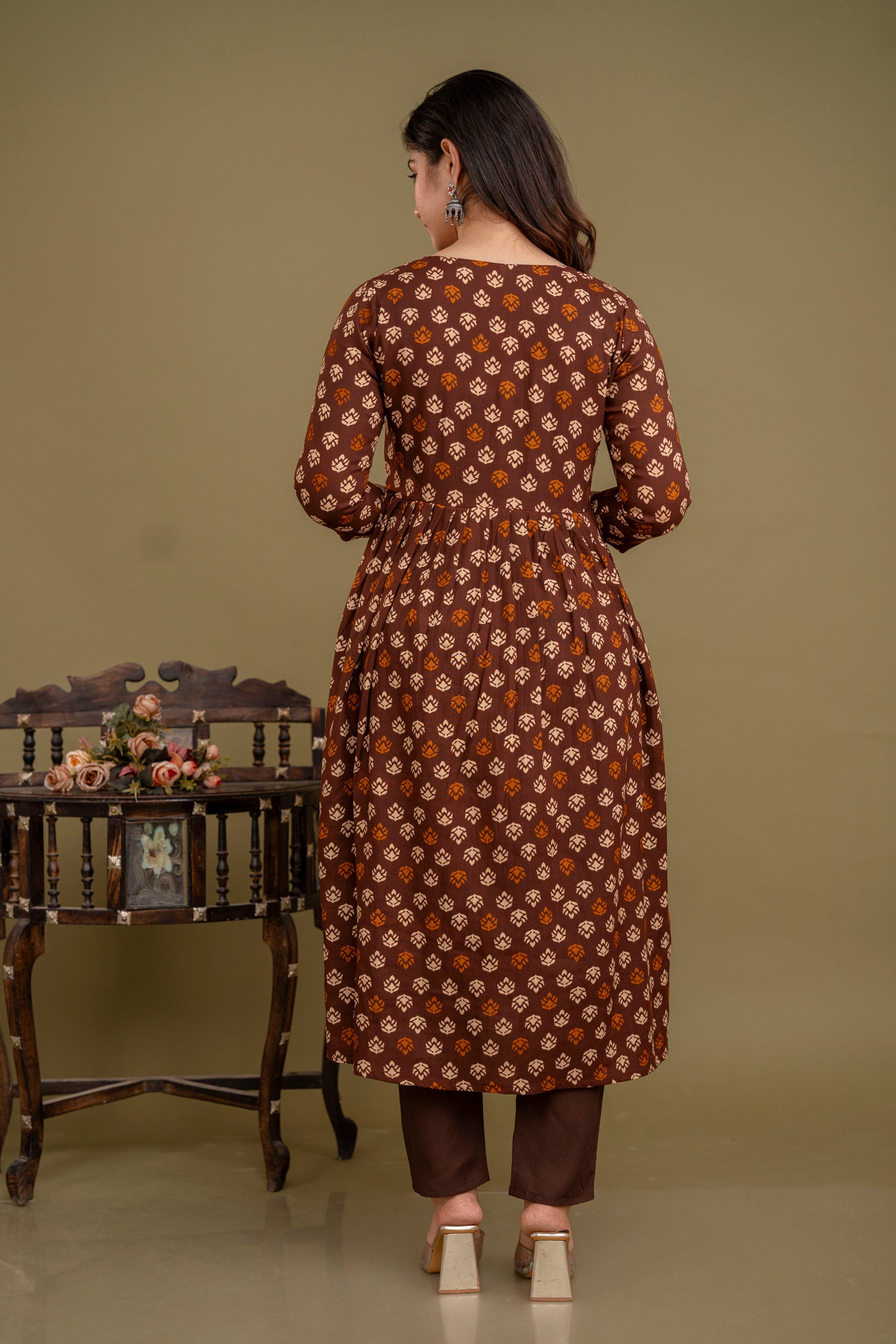 Coffee Brown Elegance: Rayon Kurta Set with Malmal Dupatta