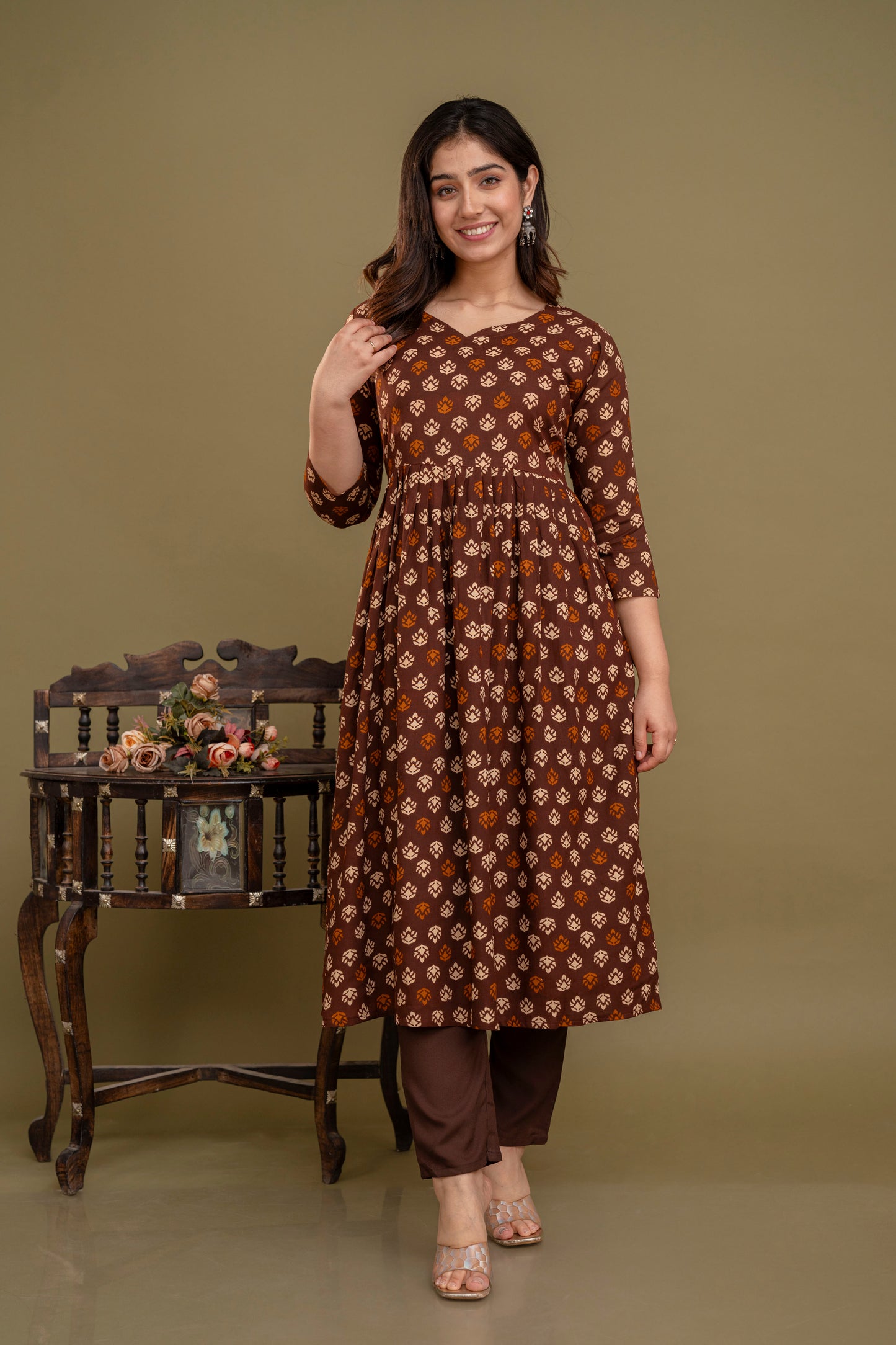 Coffee Brown Elegance: Rayon Kurta Set with Malmal Dupatta