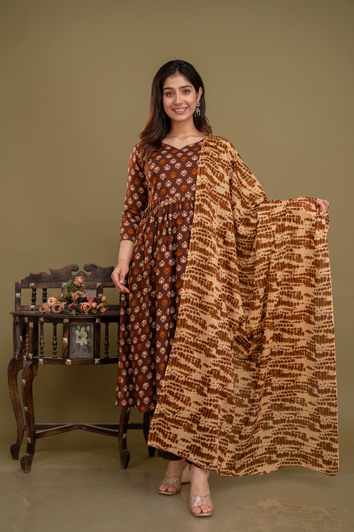 Coffee Brown Elegance: Rayon Kurta Set with Malmal Dupatta