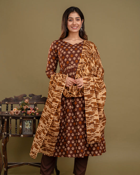 Coffee Brown Elegance: Rayon Kurta Set with Malmal Dupatta