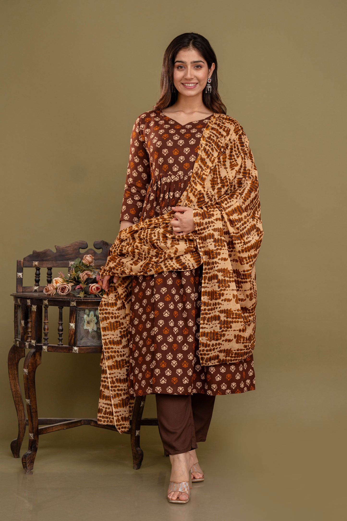 Coffee Brown Elegance: Rayon Kurta Set with Malmal Dupatta