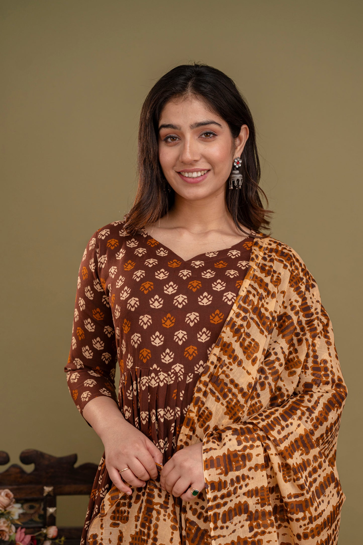 Coffee Brown Elegance: Rayon Kurta Set with Malmal Dupatta