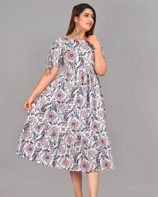 White Floral Screen Print Dress