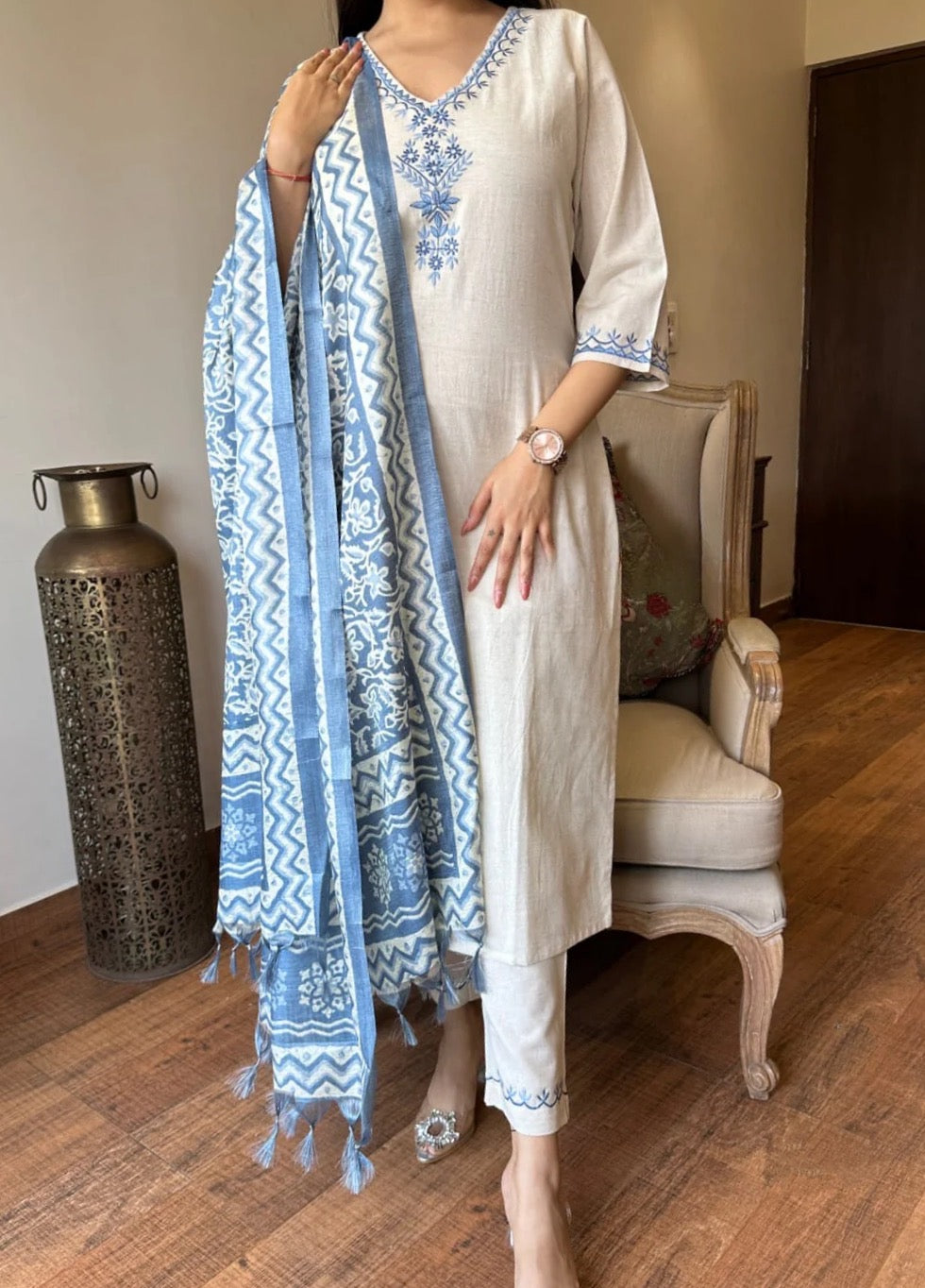 White Embroidered Anarkali with Khadi Silk Dupatta