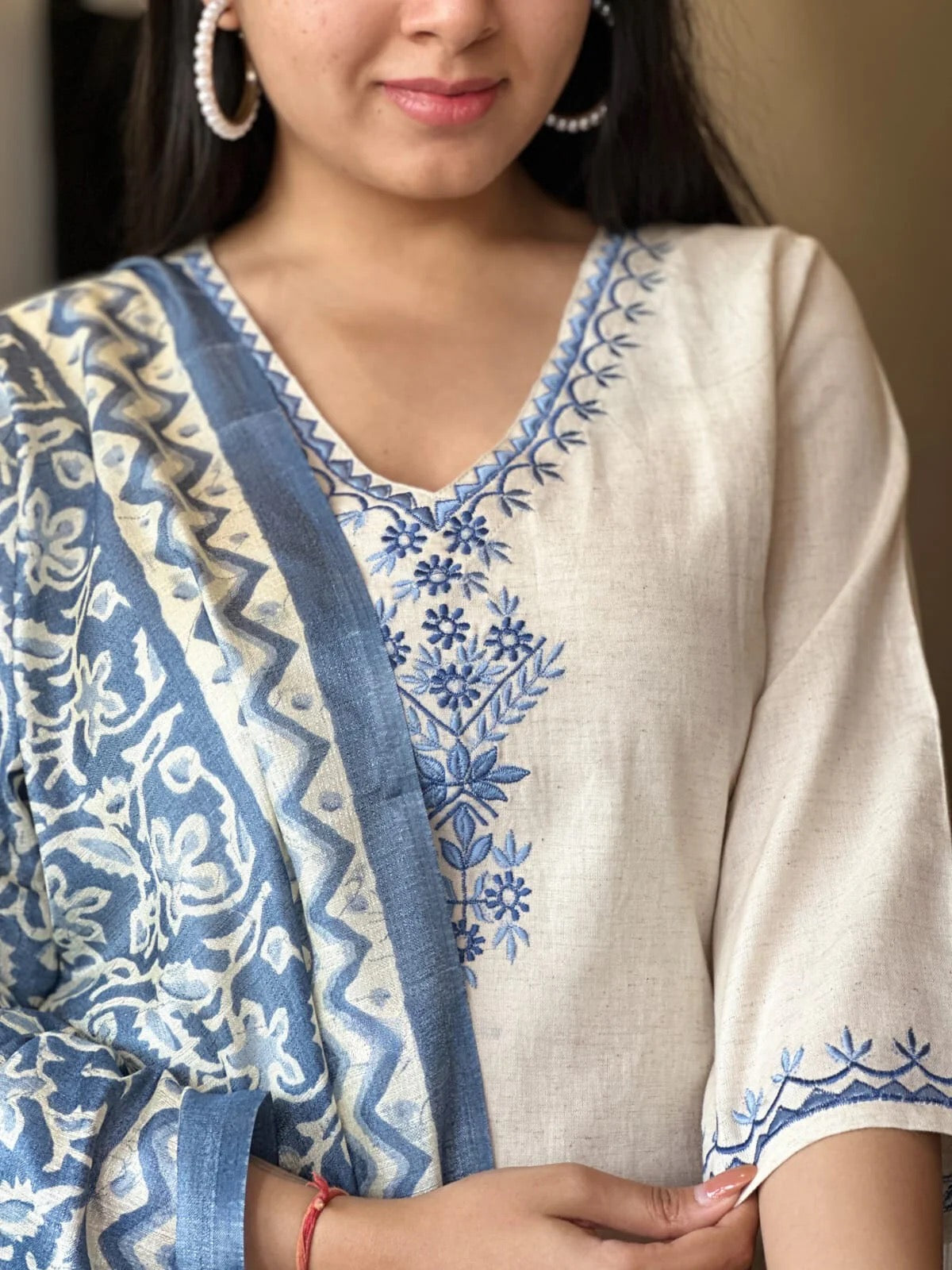 White Embroidered Anarkali with Khadi Silk Dupatta