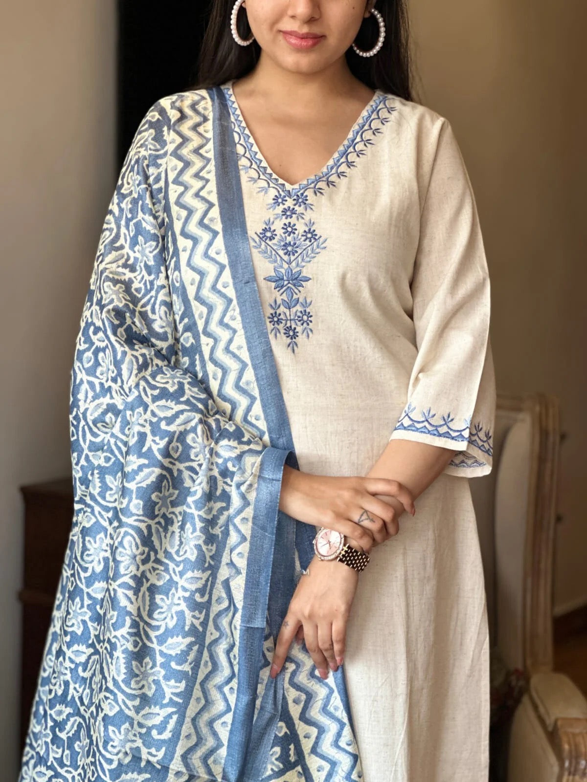 White Embroidered Anarkali with Khadi Silk Dupatta