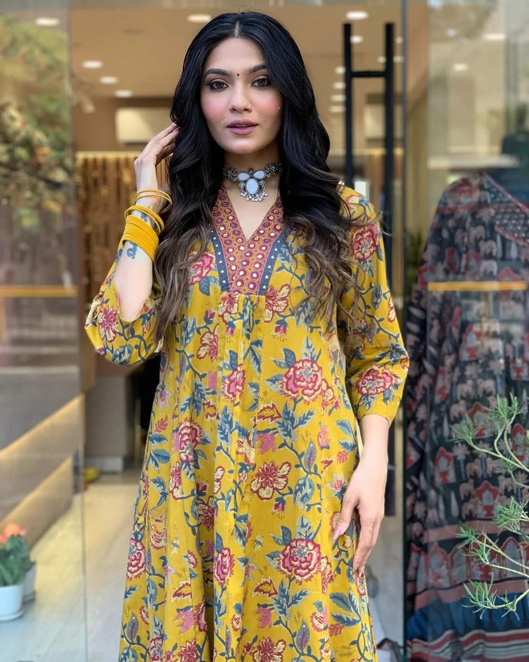 Mustard Floral A-Line Kurta Set