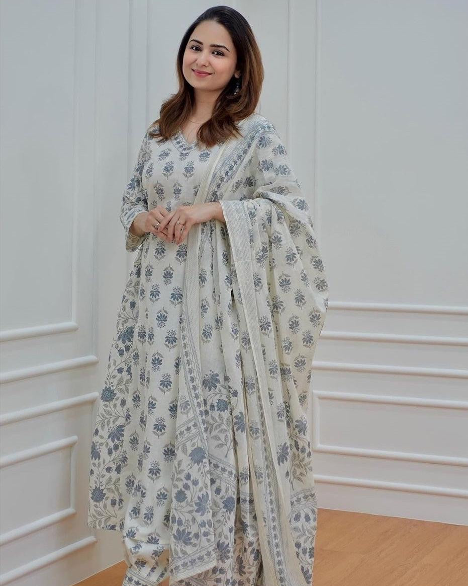 White-Grey Floral Afghani Suit Set with Tassels