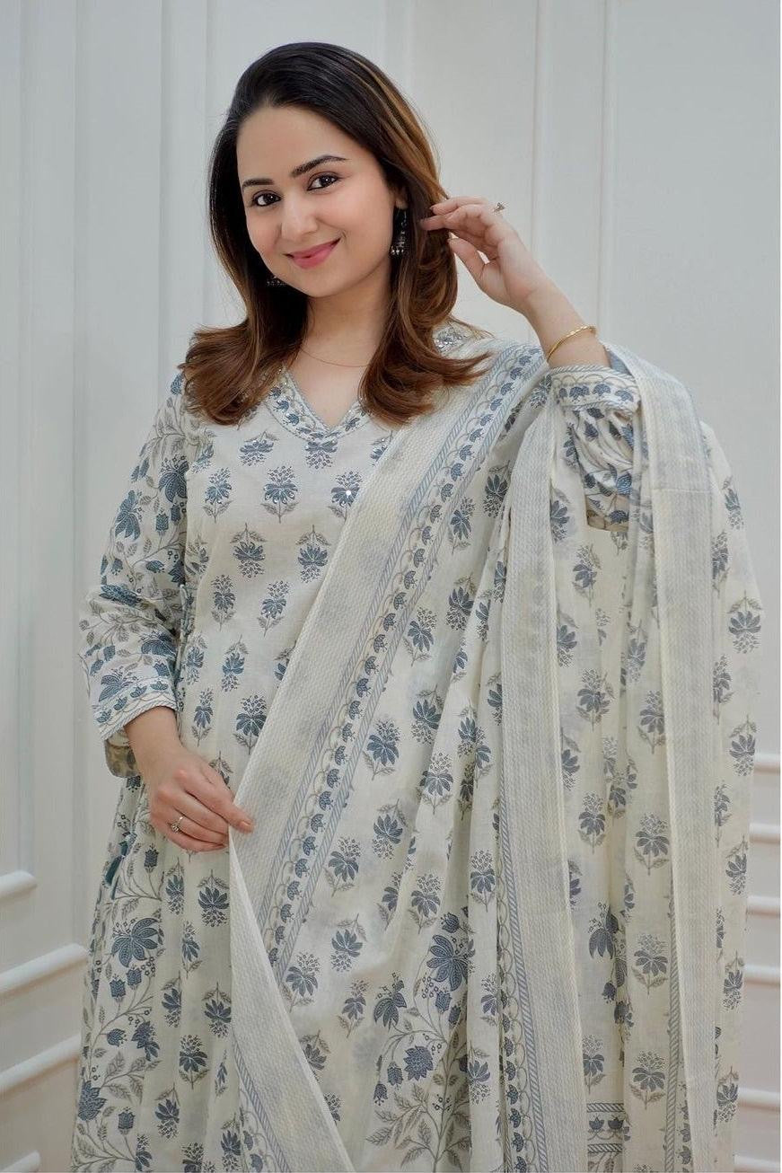 White-Grey Floral Afghani Suit Set with Tassels