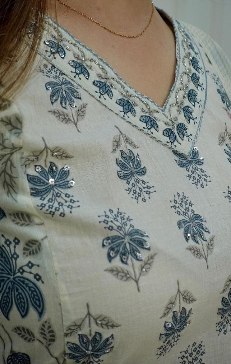 White-Grey Floral Afghani Suit Set with Tassels