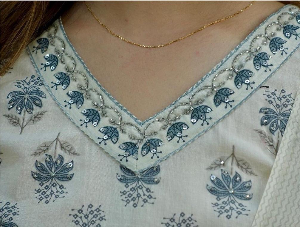 White-Grey Floral Afghani Suit Set with Tassels