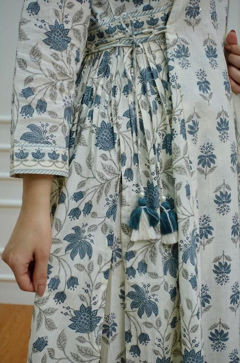 White-Grey Floral Afghani Suit Set with Tassels