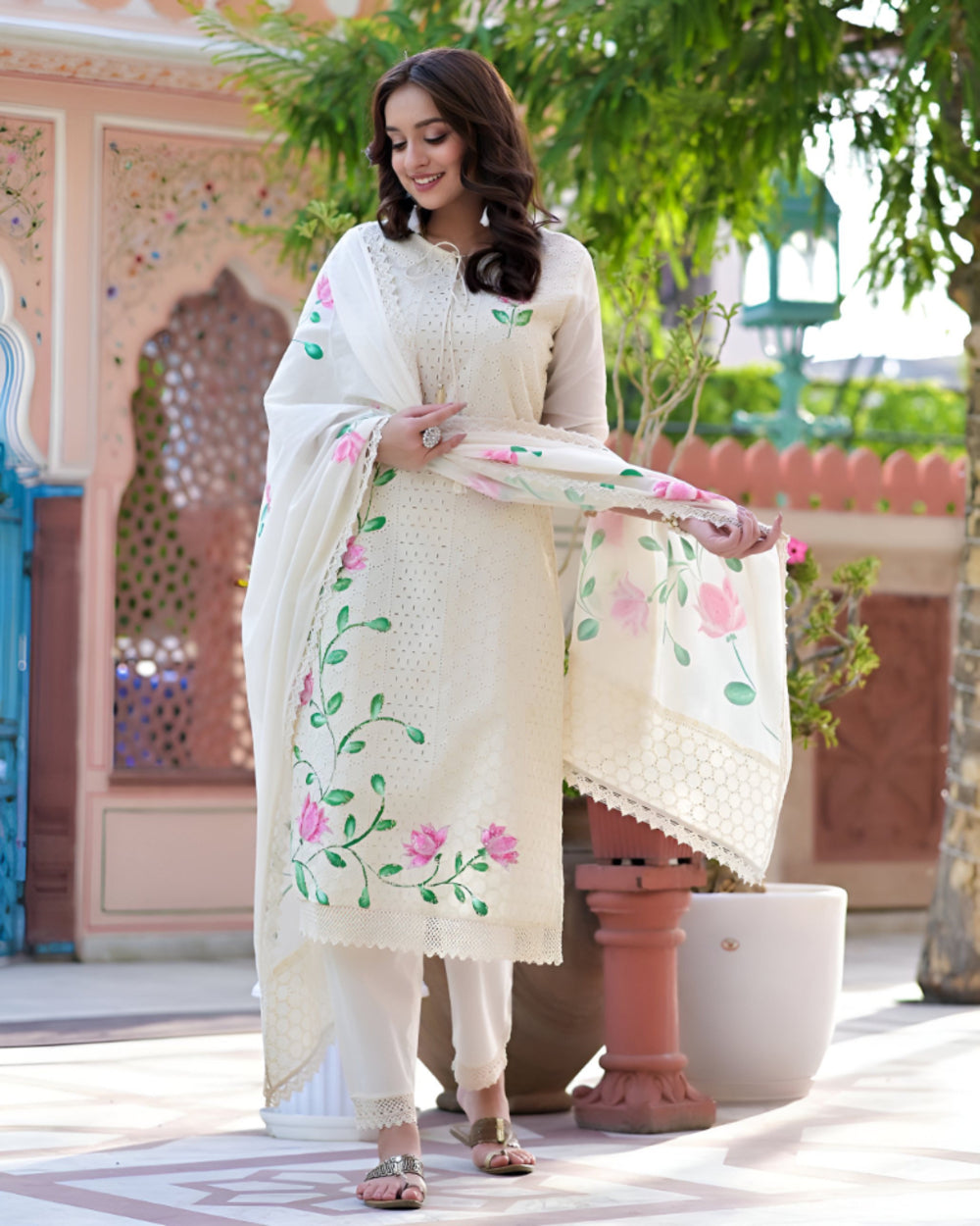 White Charm: Hand-Printed Cotton Kurta Set with Dupatta