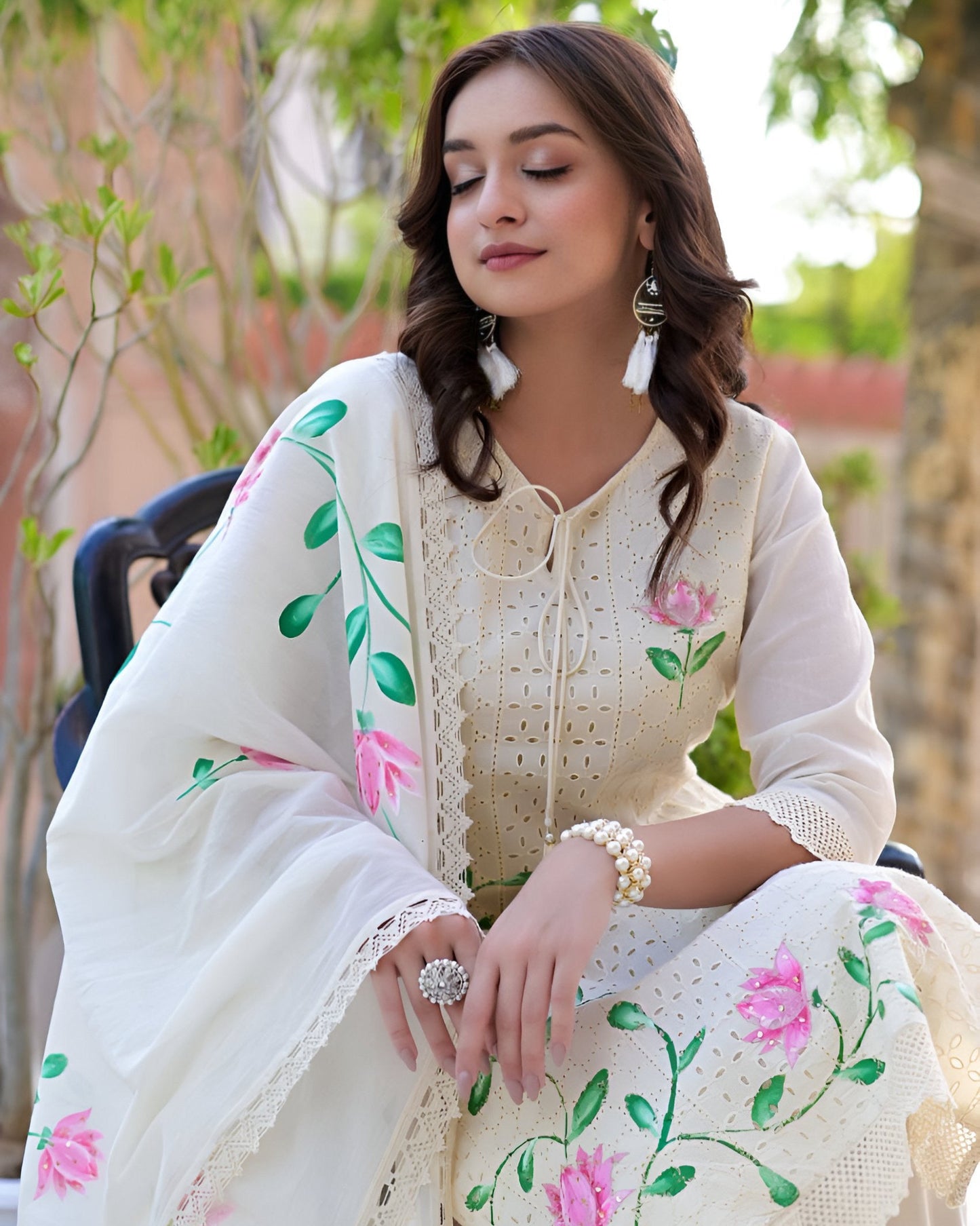 White Charm: Hand-Printed Cotton Kurta Set with Dupatta