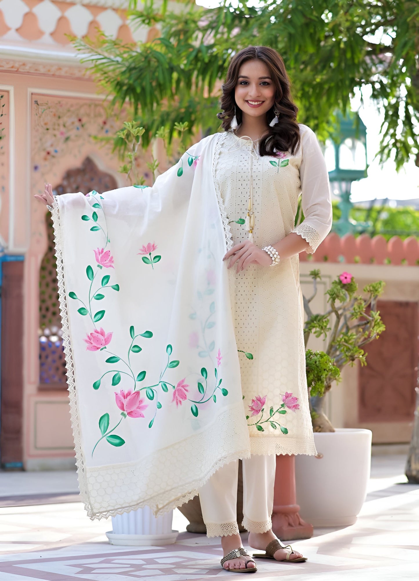 White Charm: Hand-Printed Cotton Kurta Set with Dupatta