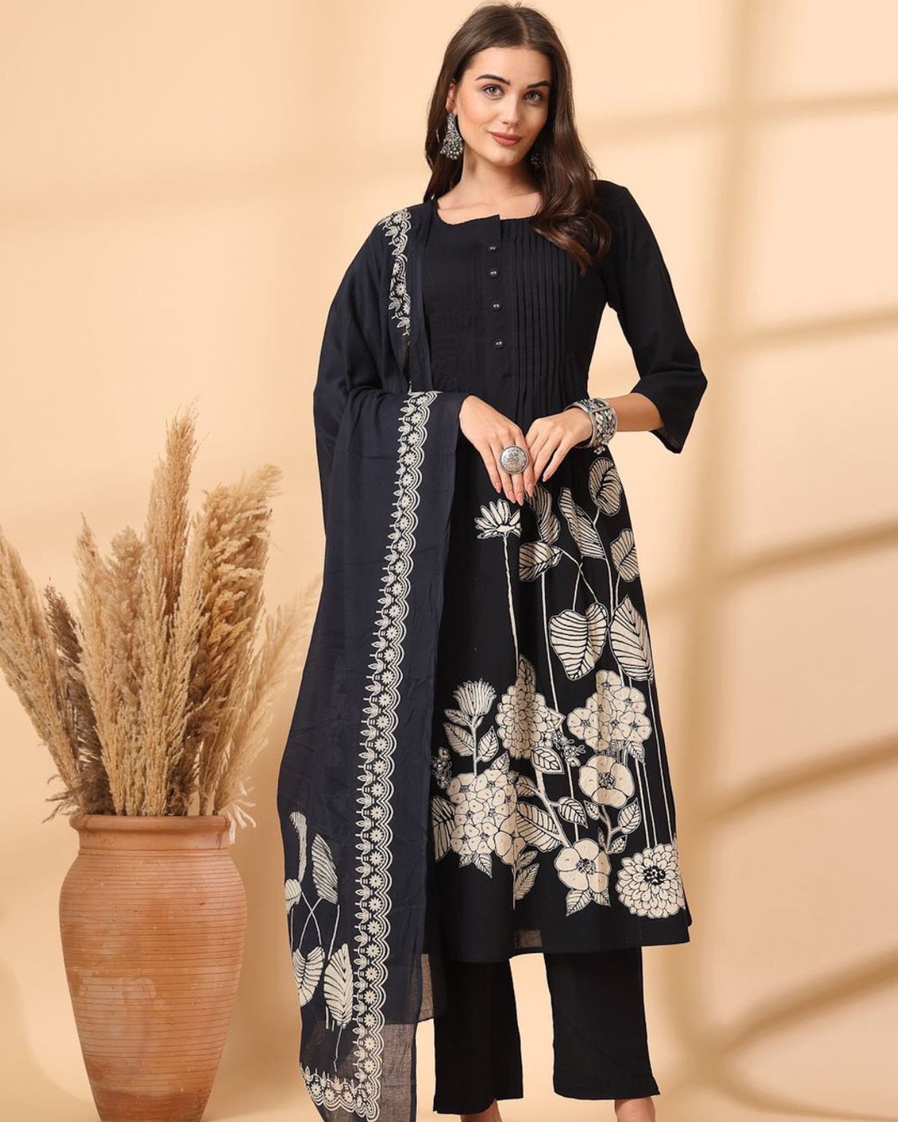 Black Grace: Cotton Kurta Set with Mulmul Dupatta