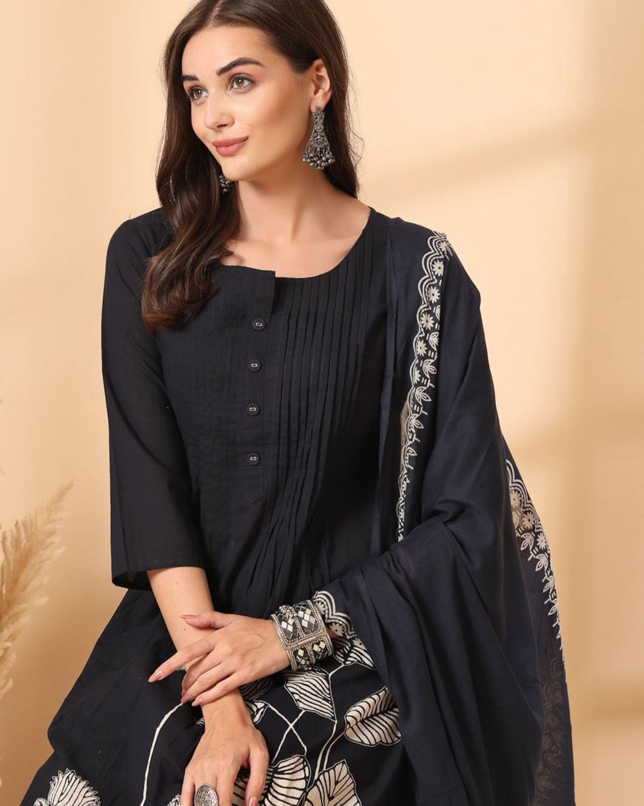 Black Grace: Cotton Kurta Set with Mulmul Dupatta