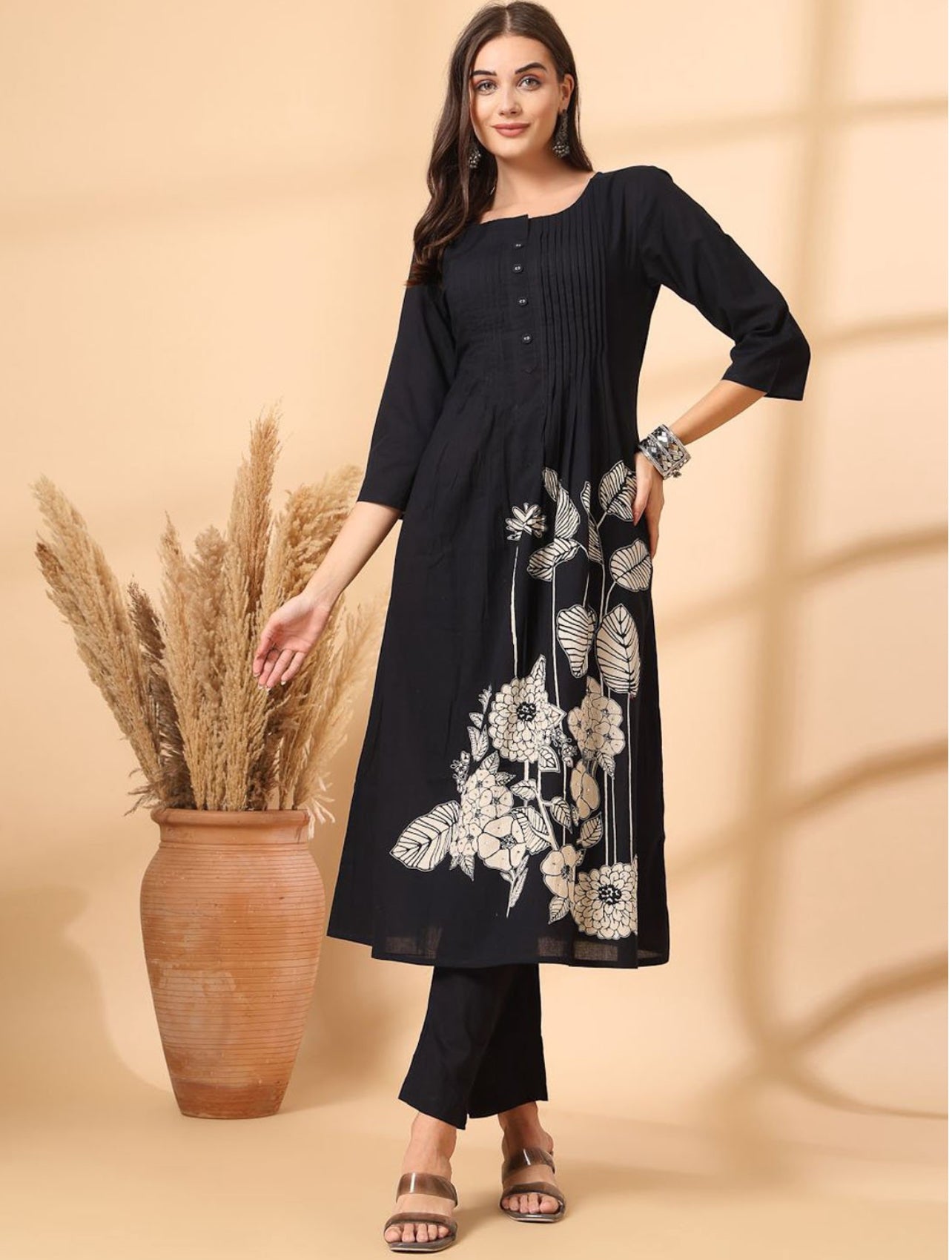 Black Grace: Cotton Kurta Set with Mulmul Dupatta