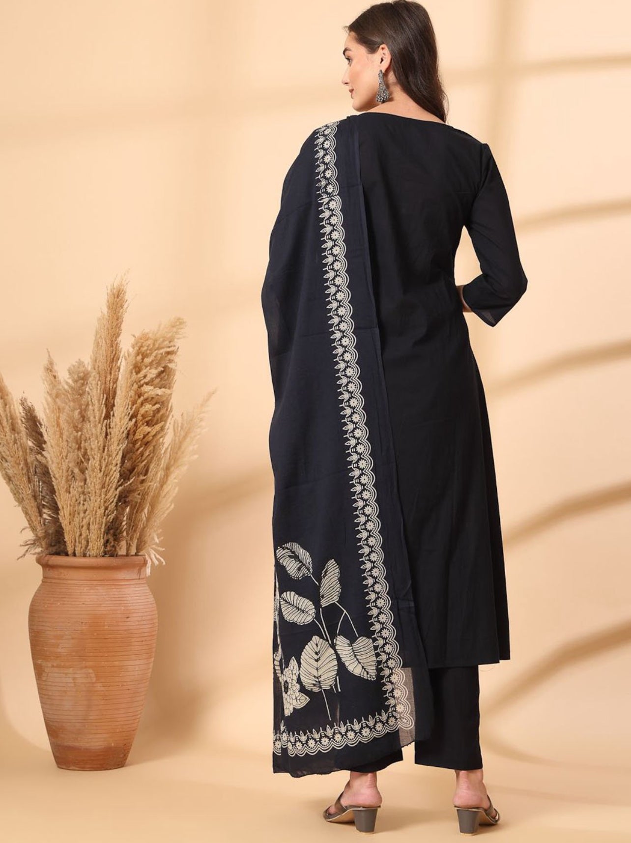 Black Grace: Cotton Kurta Set with Mulmul Dupatta