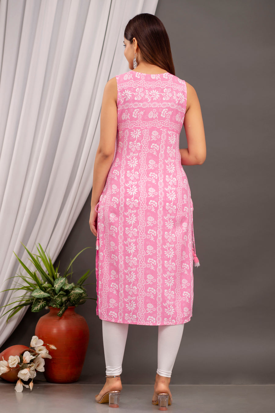 Baby Pink Delight: Sleeveless Rayon Kurta with Mirror Work