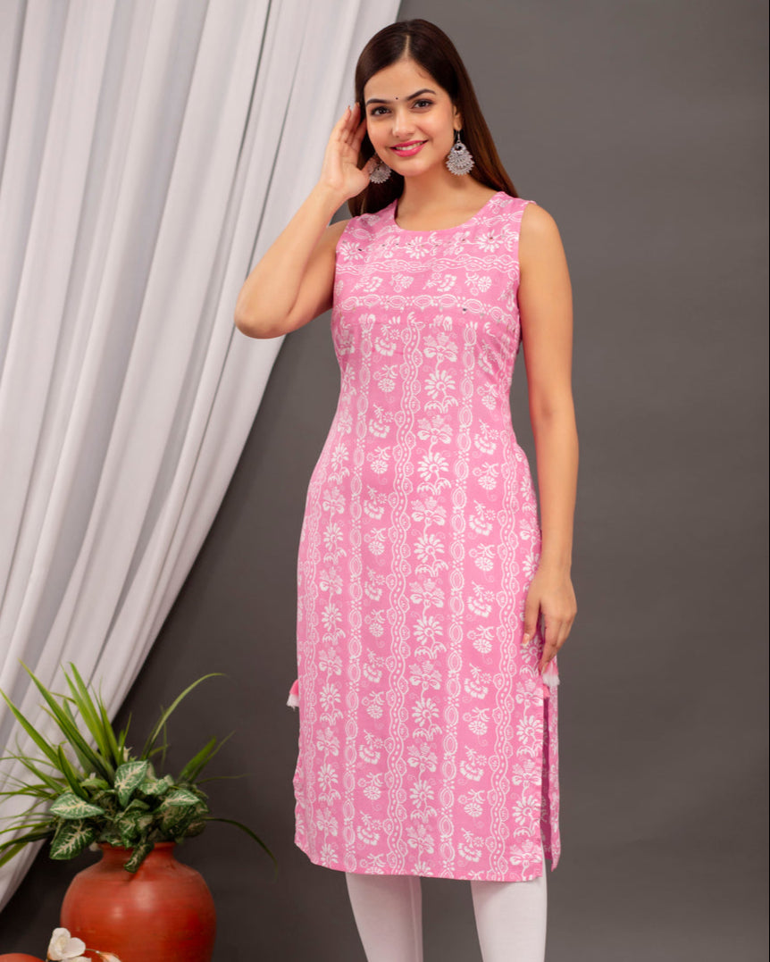 Baby Pink Delight: Sleeveless Rayon Kurta with Mirror Work